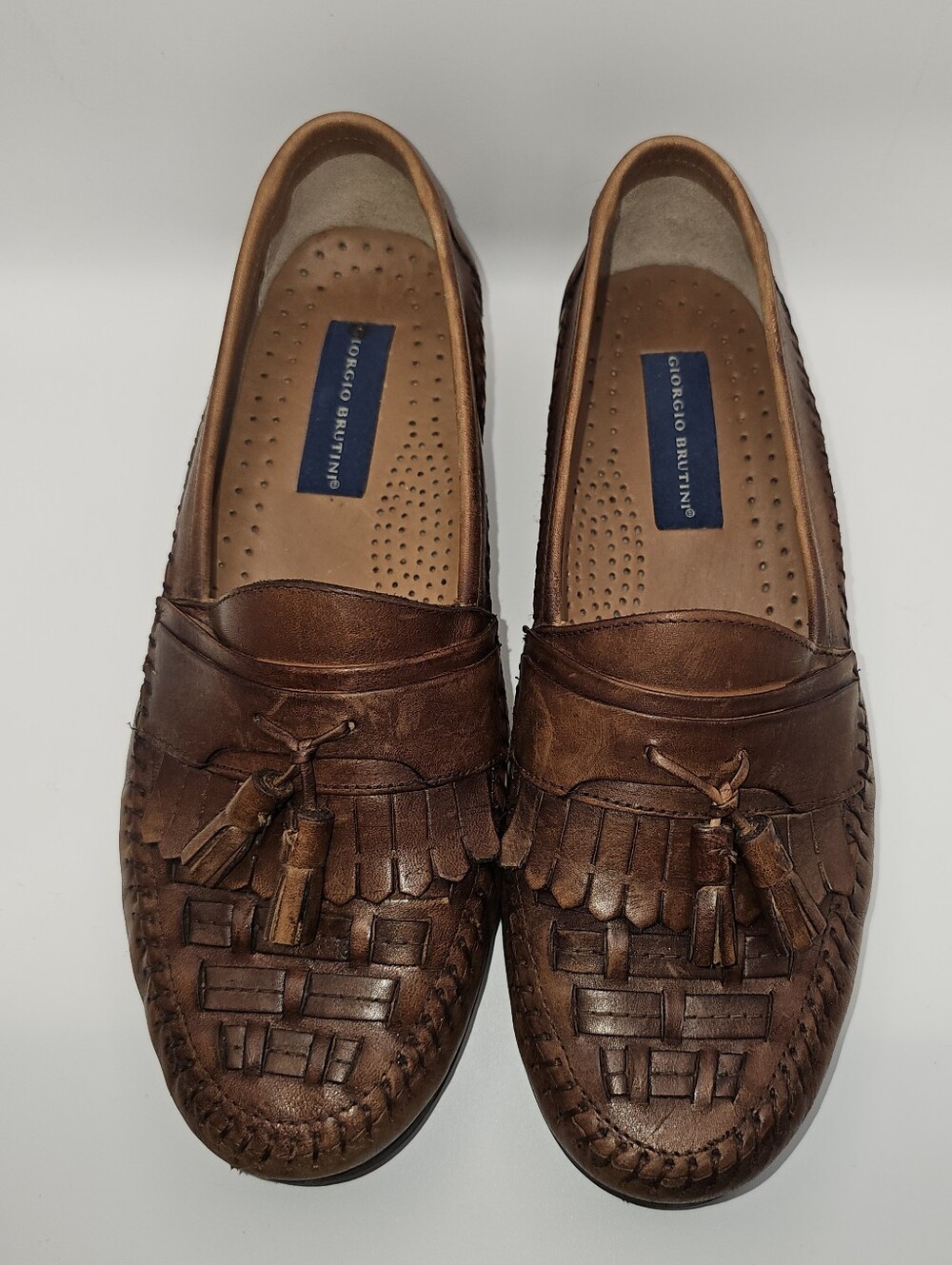 Giorgio Brutini Mens 9M Brown Leather Woven Kiltie Tassel Loafers Brazil